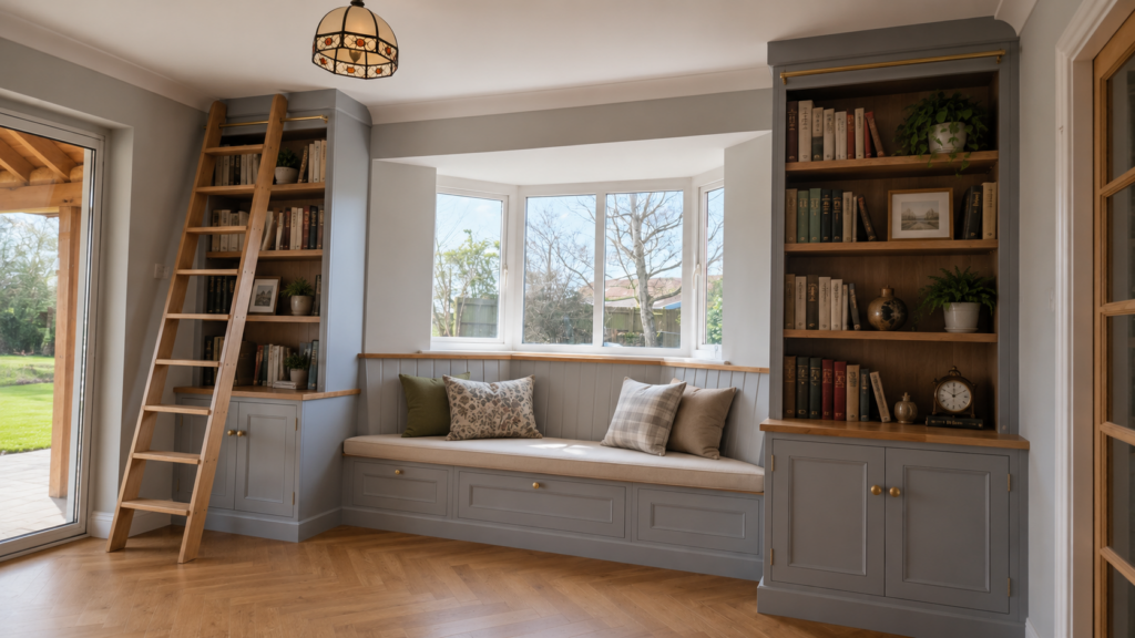 Snug library area with wooden ladder