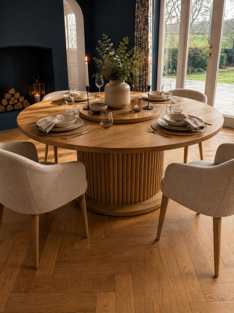 Bespoke circular dining table handcrafted in Northamptonshire